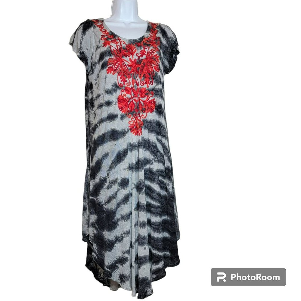 Riviera Sun Dress, Women Large, Dark&Light Gray w/Red Embroidered Floral, EUC